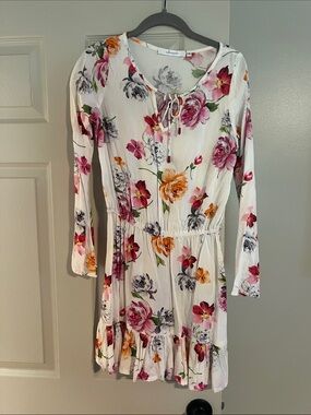 Floral Tie-Neck Long Sleeve Dress - White with Pink & Orange Flowers